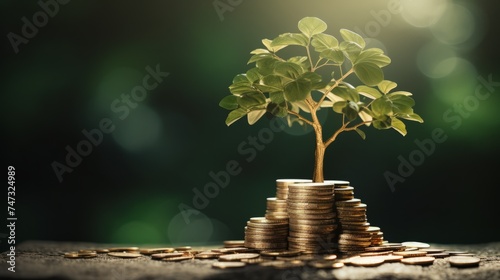 Small green tree on the pile of coins. Financial Prosperity, Financial Planning