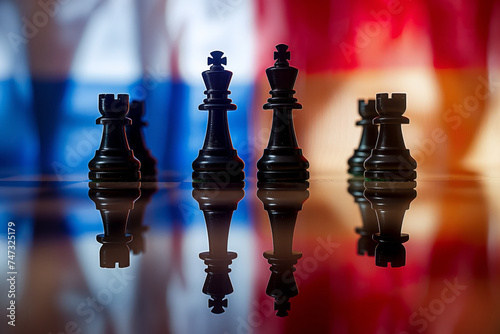 Conceptual image of war between Russia using chess pieces and national flags on a reflective background. Generative AI photo
