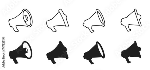 Megaphones icons set. Graphic design of megaphone icons. Set of simple megaphone icons, and megaphone linear icons. Speaker icon. Loudspeaker. Vector illustration