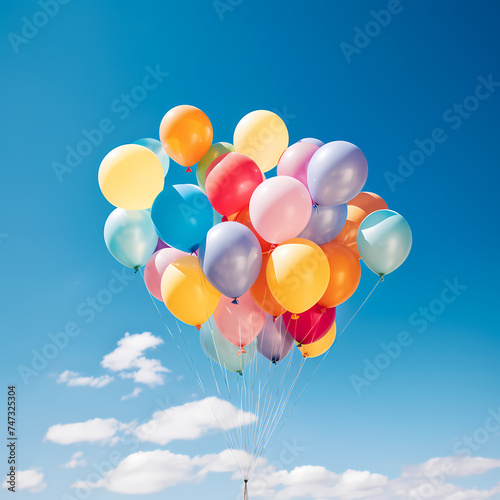 Colorful balloons against a clear blue sky.