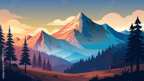 Realistic mountains landscape. Morning wood panorama, pine trees and mountains silhouettes. Vector forest hiking background