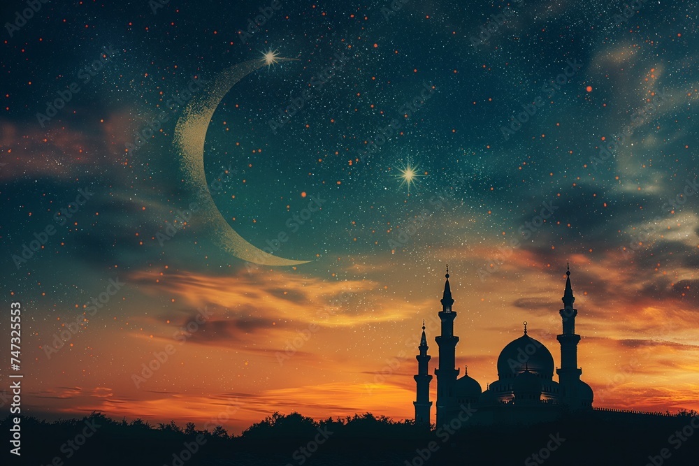 Captivating scene of a mosque at night with a crescent moon and a starry sky