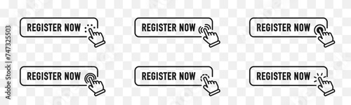 Register now tag. Registration now buttons set. Vector button for registration in services, blogs, websites. Register now chat speech message. Banner promotion. Free registration offer. Vector