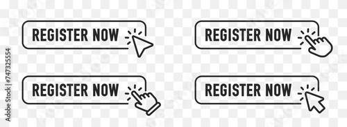 Register now tag. Registration now buttons set. Vector button for registration in services, blogs, websites. Register now chat speech message. Banner promotion. Free registration offer. Vector