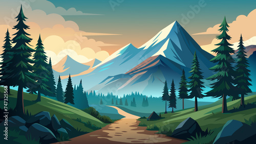 Realistic mountains landscape. Morning wood panorama  pine trees and mountains silhouettes. Vector forest hiking background