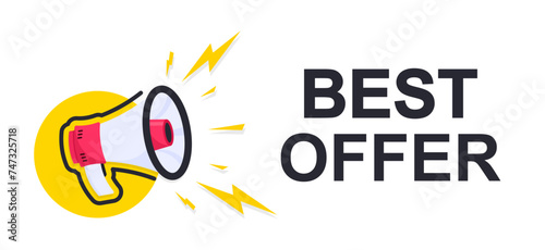 Best Offer icon on white background. Logo design with megaphone and text. The loudspeaker screams best offer. Best offer, limited sale offer promo stamp with megaphone. Vector photo