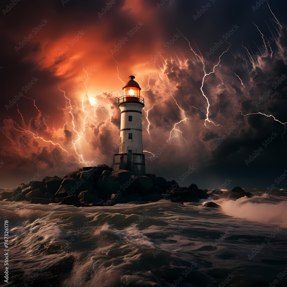 Dramatic lightning storm over a coastal lighthouse