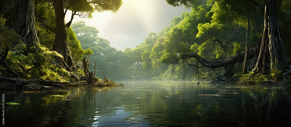 A painting depicting a river meandering through a dense forest of trees. The water glistens under the sunlight, reflecting the greenery surrounding it.