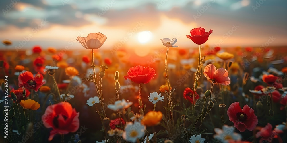 Fototapeta premium Colorful flowers in a sunkissed field highlight natures intricate beauty. Concept Nature Photography, Colorful Flowers, Sunkissed Fields, Intricate Beauty, Outdoor Photoshoot