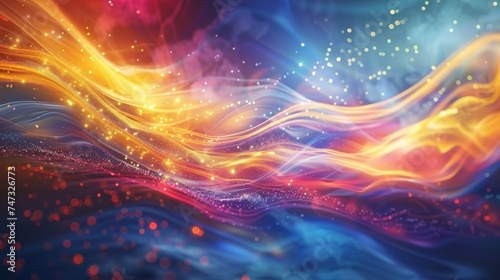 An abstract, vibrant energy field with dynamic, flowing colors and sparkling light particles.