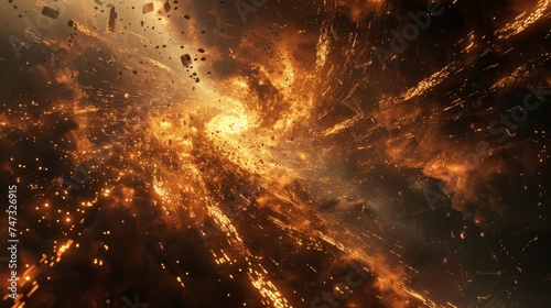 An apocalyptic abstract fractal scene with chaotic glowing particles  depicting the end of times in a tumultuous space.