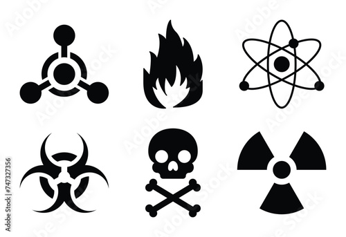 Danger Symbols Icon Set - Radioactive, Biohazard, Flammable, Toxic, Chemical Weapon, and Atomic Symbols