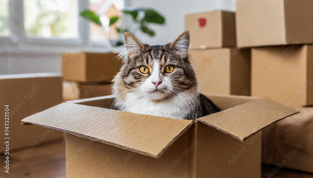 Fototapeta premium Moving to new home, donation concept. Stack of cardboard boxes and cat sitting in empty cardboard box inside the room