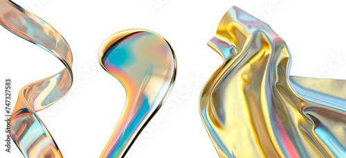 3d glass of abstract shape in the form of a wave. Iridescent, mother-of-pearl fabric. Isolated on a transparent background.