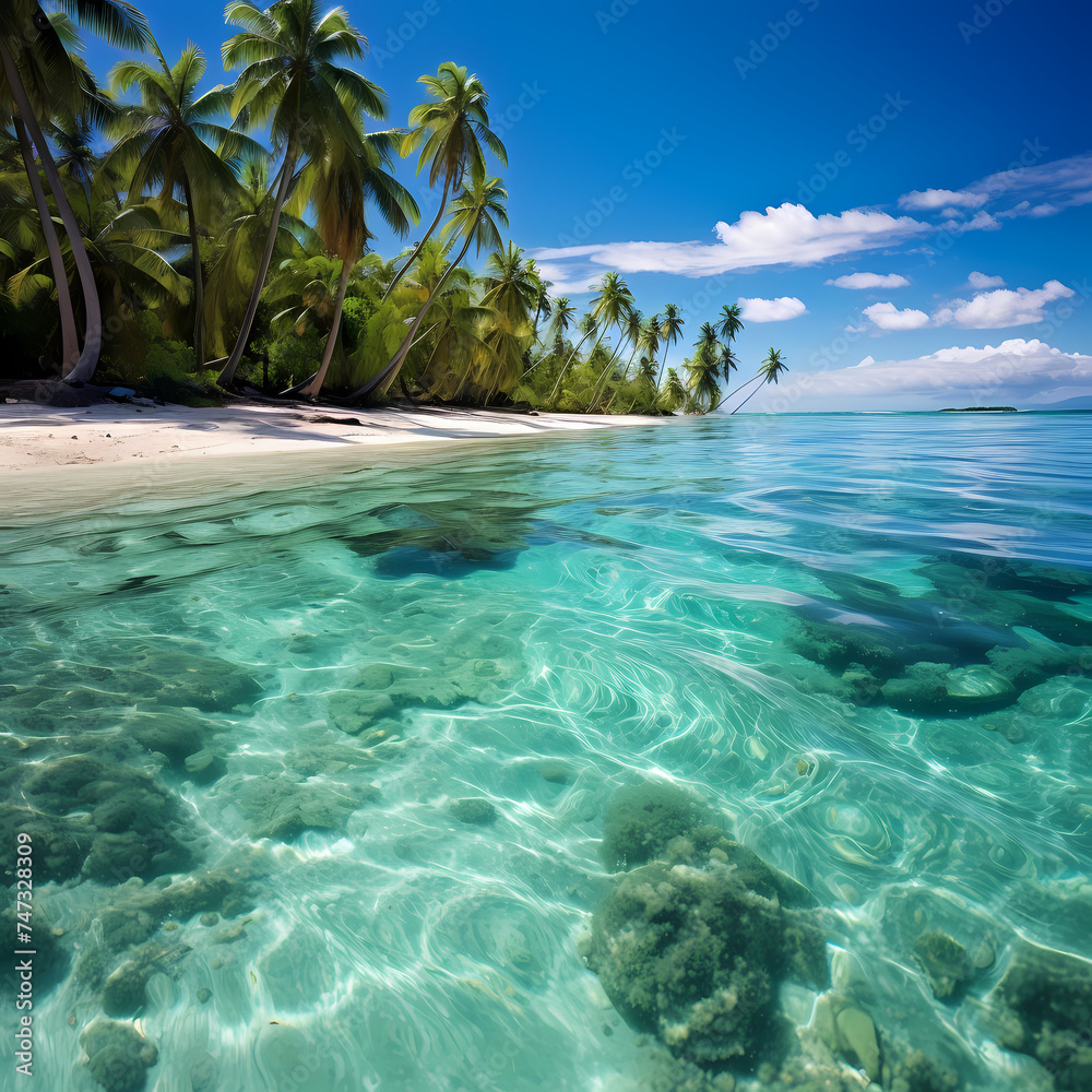 Tropical beach with crystal-clear water and palm trees