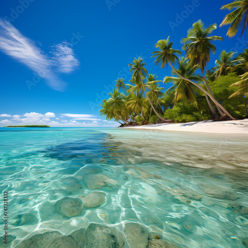 Tropical beach with crystal-clear water and palm trees