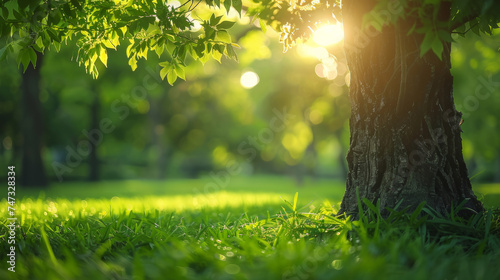 Sunlight Filtering Through Forest. Sunbeams piercing through the leaves of a tree in a lush park.