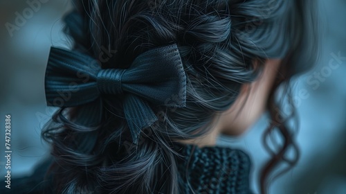 Stylish hairstyle adorned with black bow. Elegant and trendy modern fashion and sophistication