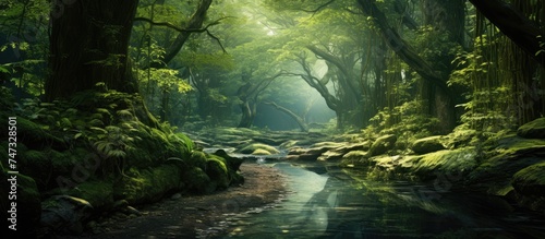 A stream flows through a dense green forest  with trees towering overhead and sunlight filtering through the leaves. The water glistens as it makes its way through the vibrant foliage.