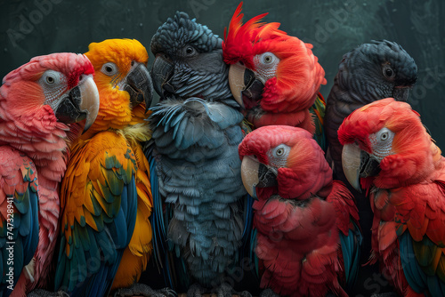 A vibrant gathering of parrots, featuring both red and blue macaws, engaging in social preening. photo