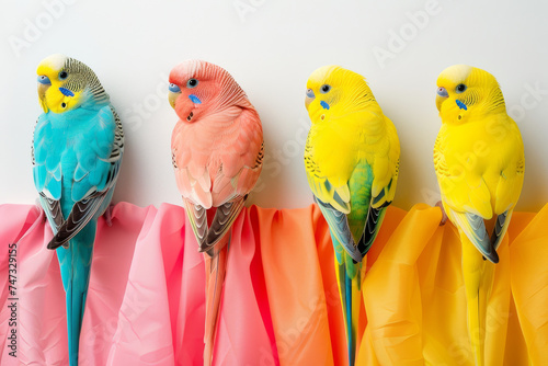 Four budgerigars in shades of blue, pink, and yellow perched in a row on draped vibrant fabrics.