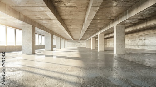 An abstract futuristic architecture with an empty concrete floor for a car presentation.