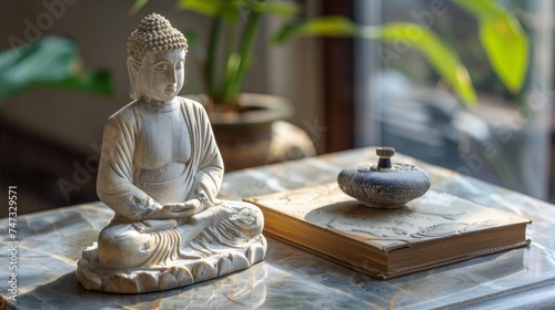 A buddha statue sitting on top of a table next to a book