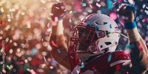 Portrait of a strong American football player in red jersey and helmet on the field with confetti. photo
