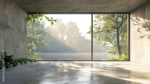 A 3D render of an empty concrete room with a large window against a natural backdrop. © Zaleman