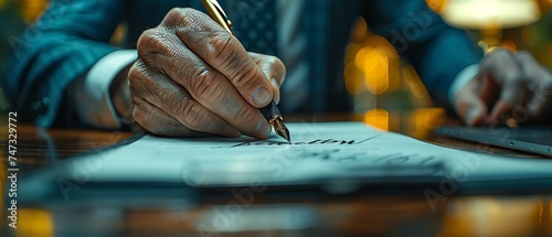 A businessman signs an e-document on a digital tablet, virtual notepad on a screen, and electronically signs a contract. photo