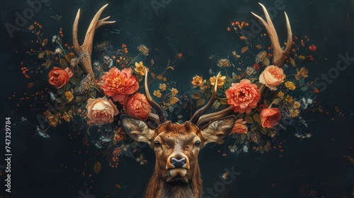 A painting of a deer with flowers on it's antlers