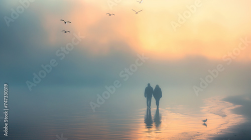 Couple walking on a beach sunset