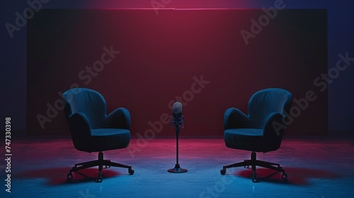 living room with chairs and microphones to record real podcasts in high resolution and high quality. concept recording, streaming, live, young people, social networks