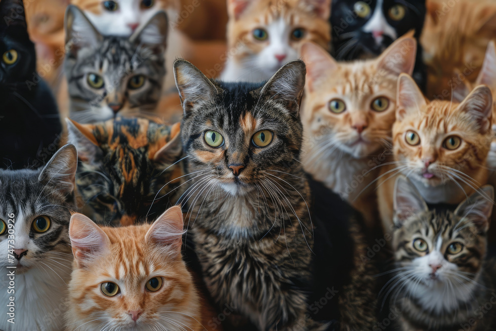 Close-up portrait of an adorable group of kittens with striking orange eyes, attentively gazing upwards.