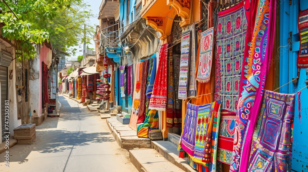 Vivid Handmade Tapestries Displayed Along a Rustic Village Alleyway