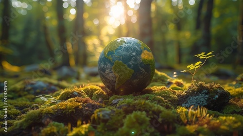 The environment is shown in this image with a green globe surrounded by moss and defocused abstract sunlight for Earth Day