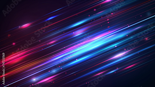 Abstract flying on a dark blue and red background topic of artificial intelligence, neural networks, big data. Copy space