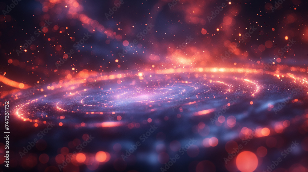 Abstract flying on a dark blue and red background topic of artificial intelligence, neural networks, big data. Copy space