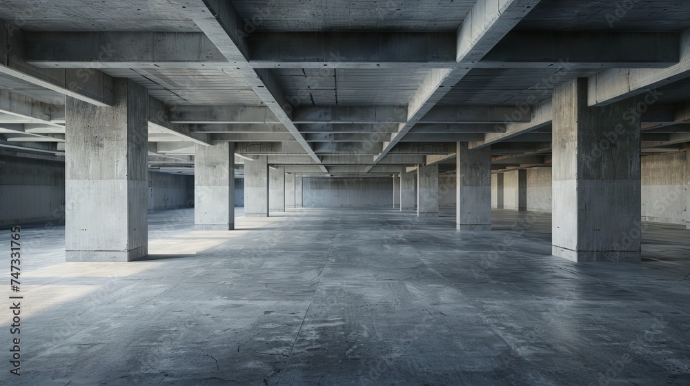 The rendering shows a concrete building with a parking lot, an empty cement floor, and a car park.