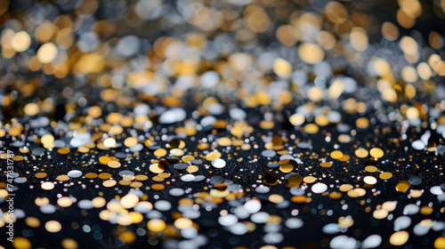 Glistening glitter confetti in shades of gold silver and black is tered across the table adding a touch of glamour to the festivities.