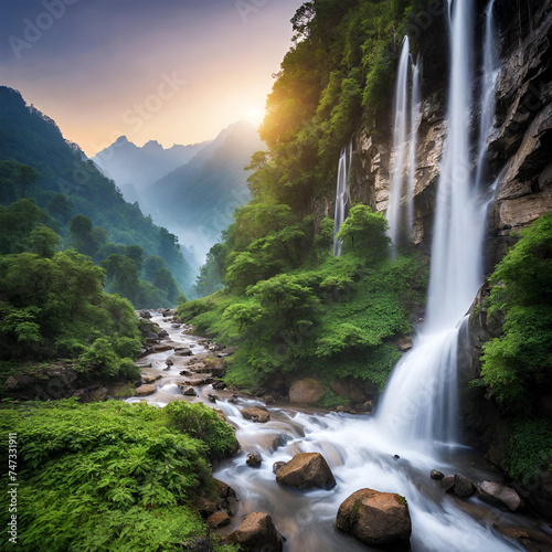 flowing waterfall all around amidst the mountains. Beautiful view in the morning
