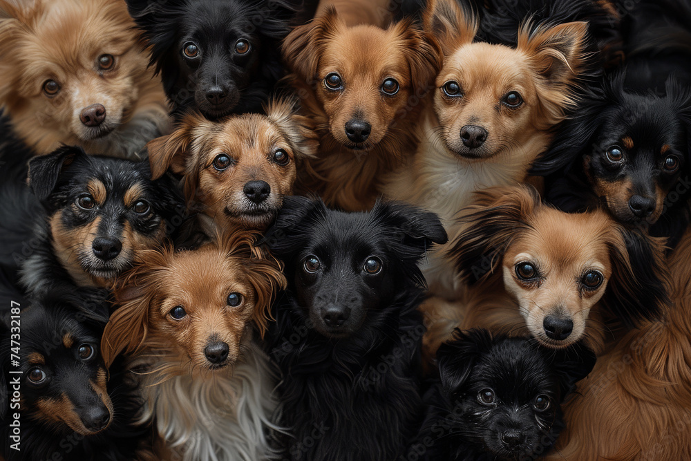 Warm, engaging group portrait of several dog with expressive faces , against a dark background.
