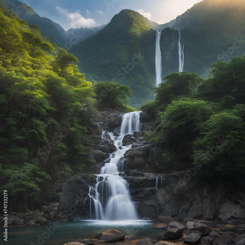flowing waterfall all around amidst the mountains. Beautiful view in the morning
