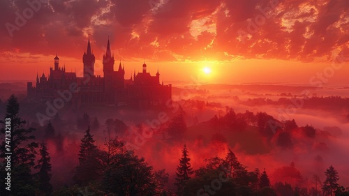 Medieval kingdoms at dawn their castle fortifications silhouetted against the rising sun photo