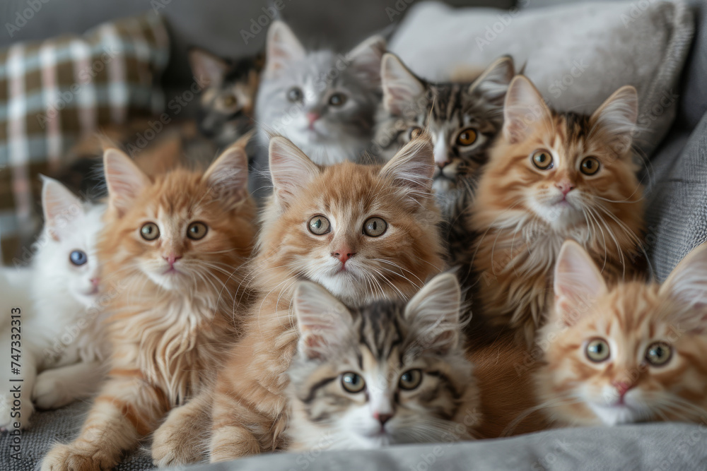 Close-up portrait of an adorable group of kittens with striking orange eyes, attentively gazing upwards.
