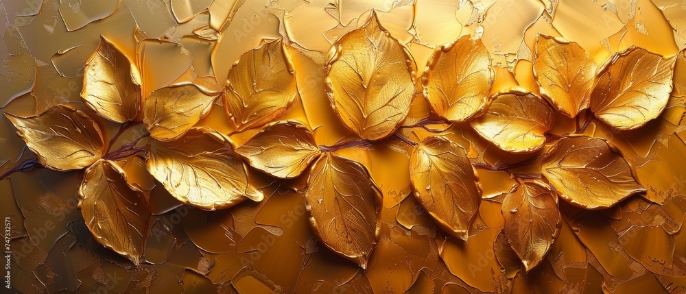A new style on paper. Abstract oil paintings, flowers, leaves. Luminous golden texture. Wall papers, posters, cards, murals, carpets, décor, paintings, posters...