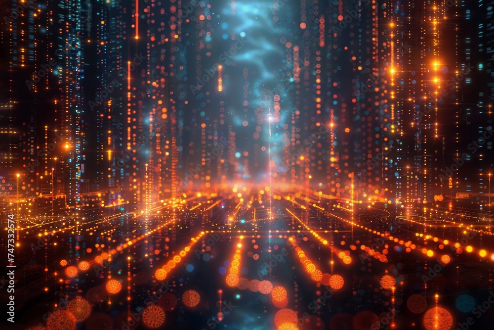 Cyber city lights: futuristic urban landscape with data holograms & ai singularity