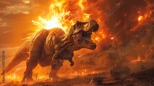 Mass extinction event meteor strike with intense fireball dinosaurs fleeing photo