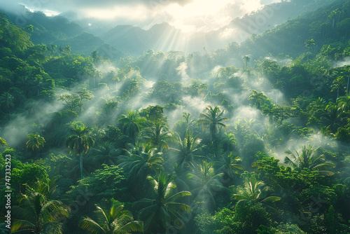 Jurassic period dense jungle scene dinosaurs in the mist early morning light photo