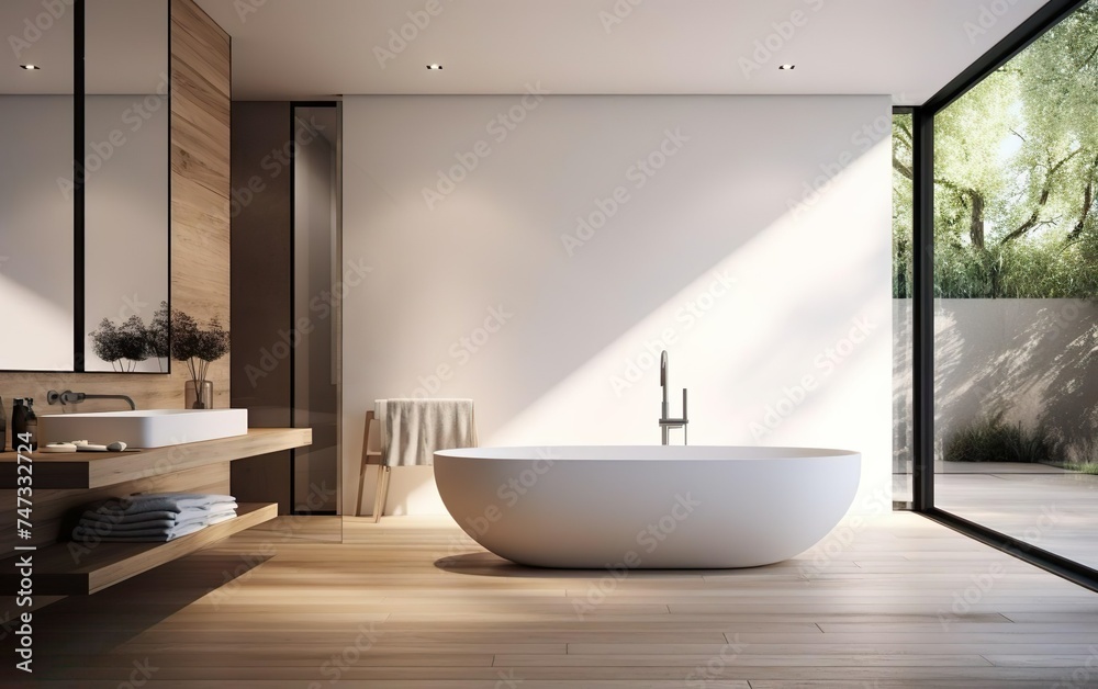 Modern design. Chic and minimalist bathroom with a standalone tub, a large mirror and clean white fixtures. Natural materials, calm and simple interior design. AI Generative. Modern design. Chic and minimalist bathroom with a standalone tub, a large mirror and clean white fixtures. Natural materials, calm and simple interior design. AI Generative.